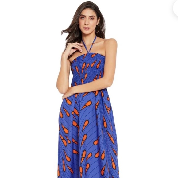 NEW TRIBAL PRINTED BLUE POLYESTER HALTER SMOCKED TUBE MIDI DRESS - Picture 1 of 10